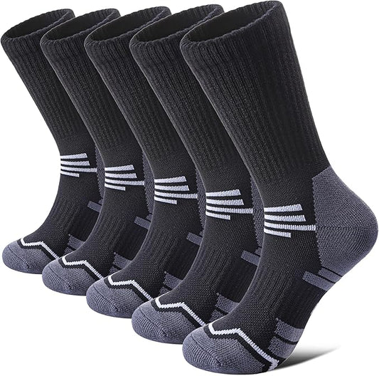 FNOVCO Women's Hiking Walking Running Crew Socks Thick Cushioned Athletic Compression Socks 5 Pairs