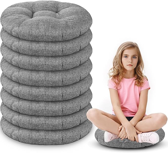 Fumete 8 Pcs 16 Inch Round Floor Cushions for Kids and Toddlers, Flexible Seating Classroom Furniture Floor Pillow for Home, Daycare, Preschool, Yoga and Meditation (Gray)