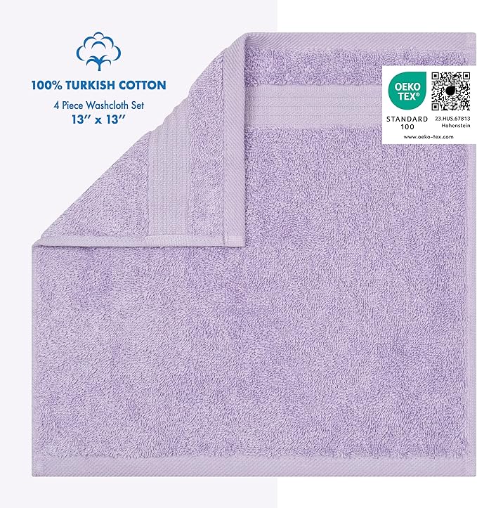 Cotton Paradise 100% Cotton Turkish Washcloth Set for Bathroom, 4 Piece Soft Absorbent Small Hand Face Towels Wash Rags, Lilac