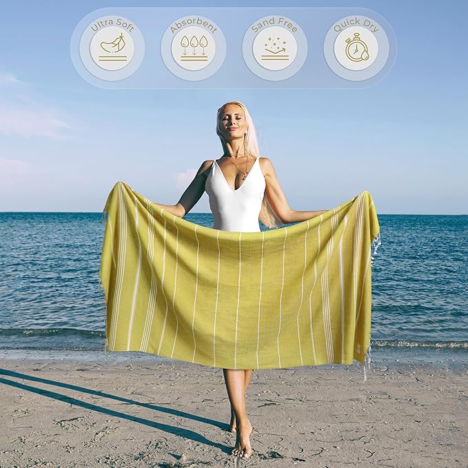 Turkish Beach Towel Quick Dry & Absorbent Oversized (39" x 71") - Compact, Versatile and Functional as Yoga Mat, Picnic Blanket, Travel Blanket, Bath, Camp and Shower Towel - Yellow