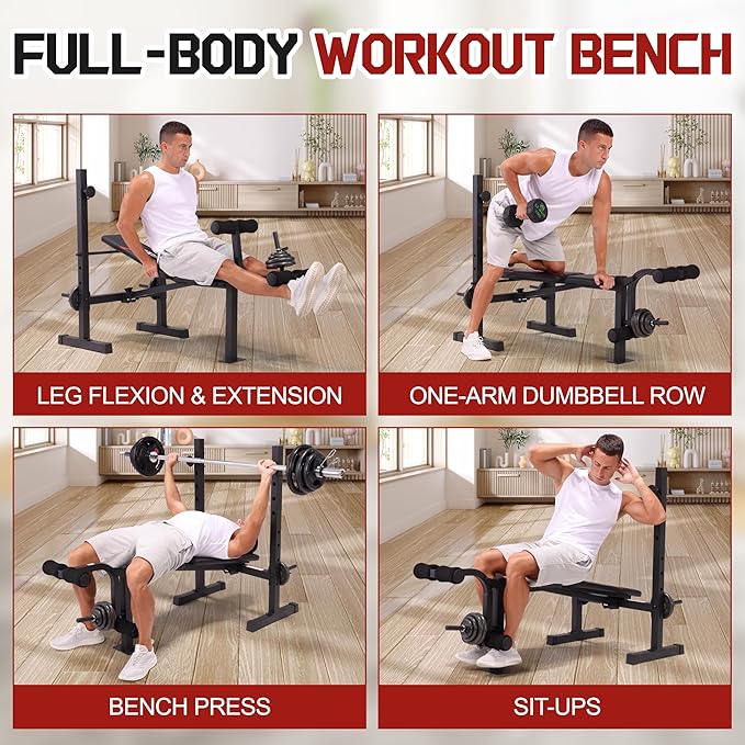 OPPSDECOR Multi-Function Weight Bench Set with Squat Rack Leg Extension & Leg Curl Adjustable Workout Bench for Full Body Fitness Foldable Flat/Incline/Decline Upgrade Bench Press for Home Gym