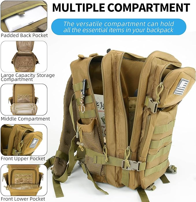 gracedon Tactical Backpack - Military Molle Bag 3 Days Pack for men and Women Large Assault Rucksack 45L (Khaki)