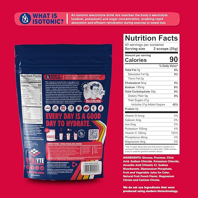 Vitalyte Electrolyte Powder Drink Mix, Isotonic Electrolyte Hydration Mix, Gluten Free Post Workout Powder Mix, Pack of 2, 35 oz. Each, Fruit Punch Flavor