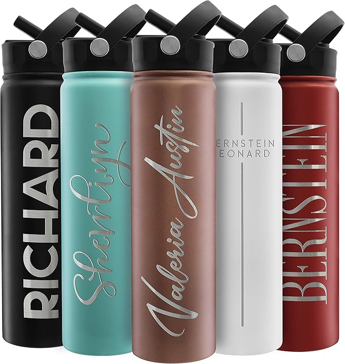 Amazing Items Personalized Water Bottle w/Straw & Lid, 24 oz - Rose Gold | Custom Stainless Steel Sports Water Bottle w/Name and Text - Double-Wall, Vacuum Insulated - Rotating Handle