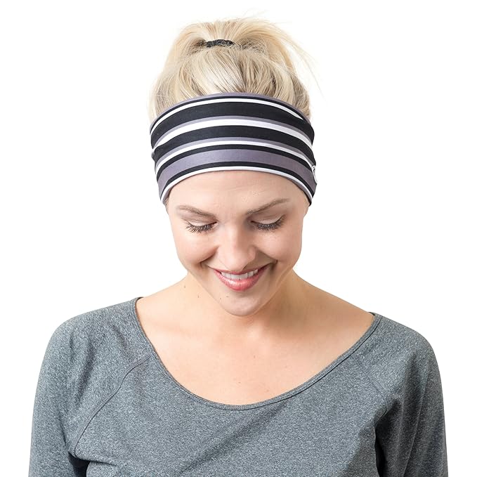 RiptGear Stretch Sport Headband for Women (Black Solid and Striped) — Non-Slip Sweat Wicking Fabric Great for Yoga, Running or The Gym — Soft Headband That Fits Most Head Sizes — (2-Pack)