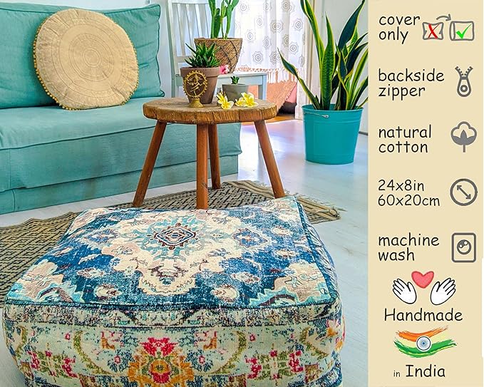 Blue Square Floor Pillow Cover Large Yoga Décor Cushion Moroccan Pouf Ottoman Boho Furniture Perfect for Living Room, Bedroom, Nursary or Children Room Seating Area Beanbag Footstool 24x8 Unstuffed