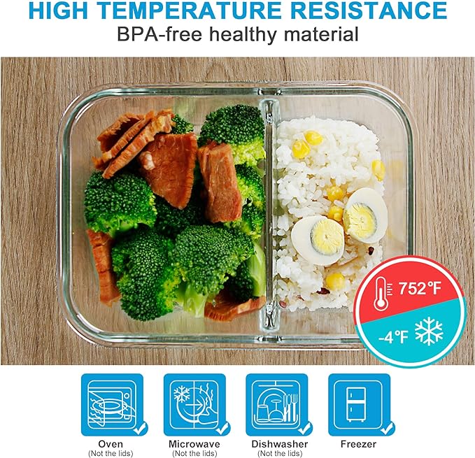 DAS TRUST 3 Pack Food Storage Containers 2 Compartments Glass Meal Prep Containers with Lids for Adult Food Prep Container with Dividers Reusable Lunch Bento Box