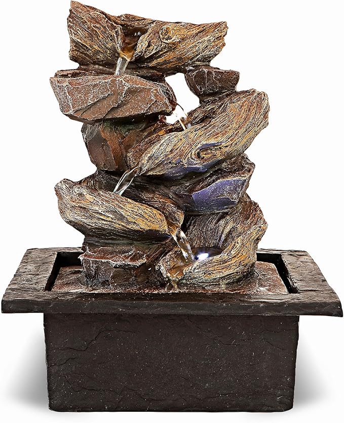 Father'sDen Collection 11-inch Waterfall Fountain Indoor - Tabletop Water Fountain - Indoor Fountains and Waterfalls with Soothing Sounds & In-Pot LED Light Enhancement