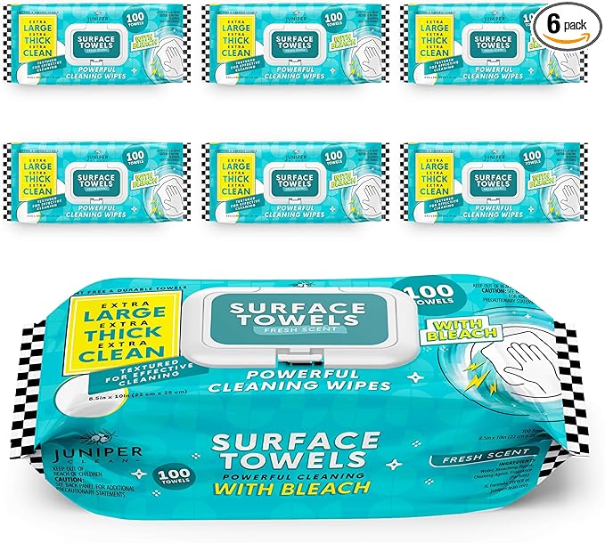 6 Packs Surface Wipes with Bleach, Thick & Large Dispose, All-Purpose Cleaner for Bathroom, Kitchen, Office, 600 Count Soft Flow, Biodegradable, Fresh Scent
