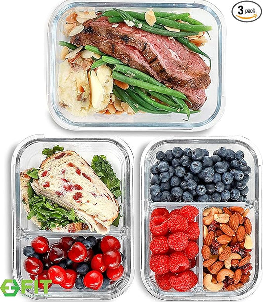 FIT Strong & Healthy Glass Meal Prep Containers with Lids, 1 & 2 & 3 Compartments – Portion Control Containers, Glass Lunch Box, Food Storage, Leak-Proof, Oven & Freezer Safe, 35 oz, Blue, 3 Pack