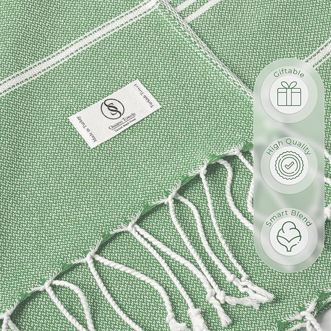Turkish Beach Towel Absorbent & Lightweight Oversized (39" x 71") - Quick Dry, Versatile and Functional as Yoga Mat, Picnic Blanket, Travel Blanket, Bath, Shower and Body Towel - Sea Green