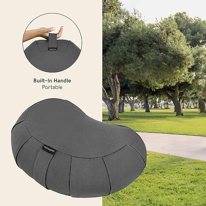 Retrospec Sedona Zafu Meditation Cushion Filled w/Buckwheat Hulls - Yoga Pillow for Meditation Practices - Machine Washable 100% Cotton Cover & Durable Carry Handle; Crescent, Stone (Pack of 4)