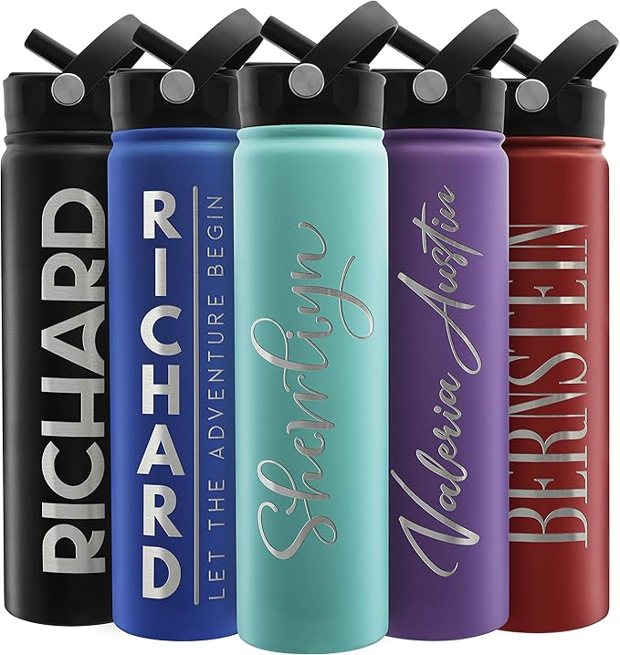Amazing Items Personalized Water Bottle w/Straw & Lid, 24 oz - Teal | Custom Stainless Steel Sports Water Bottle w/Name and Text - Double-Wall, Vacuum Insulated - Rotating Handle