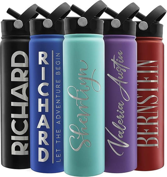 Amazing Items Personalized Water Bottle w/Straw & Lid, 24 oz - Teal | Custom Stainless Steel Sports Water Bottle w/Name and Text - Double-Wall, Vacuum Insulated - Rotating Handle
