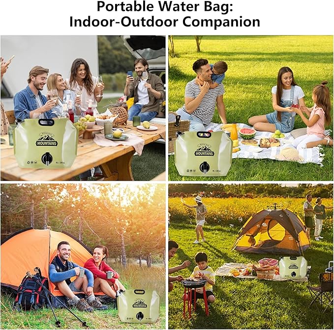 Collapsible 8L Water Storage Bag, BPA-Free Portable Folding Water Jug with Adjustable Faucet, Leakproof Emergency Water Bag for Camping, Hiking, Riding, Outdoor Sport (BEIGE & GREEN, 2)