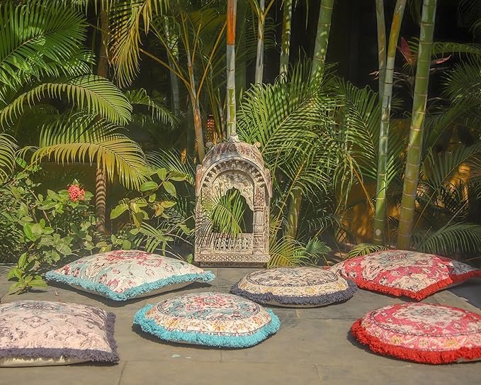 Mandala Life ART Meditation Cushion Cover with Fringe- 26 inches - Cotton - Square Floor Pillow - Moroccan Room Decor - Boho Accent - Bohemian Zafu Pouf