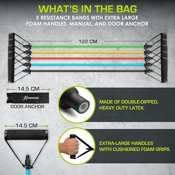 ProsourceFit Single Stackable Resistance Bands with Door Anchor and Exercise Guide, 8-12 LB, Heavy Duty Fitness Tube for Full-Body Exercises and Home Workouts, Red