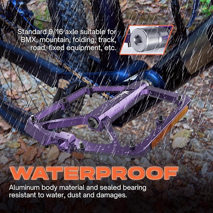 Flat Bike Pedals with Reflectors CNC Aluminium 9/16” – MTB Pedals with Extra Wide Platform and Removable Anti-Slip Pins – Lightweight Pedals for Mountain Bike & Road Bike 294 g