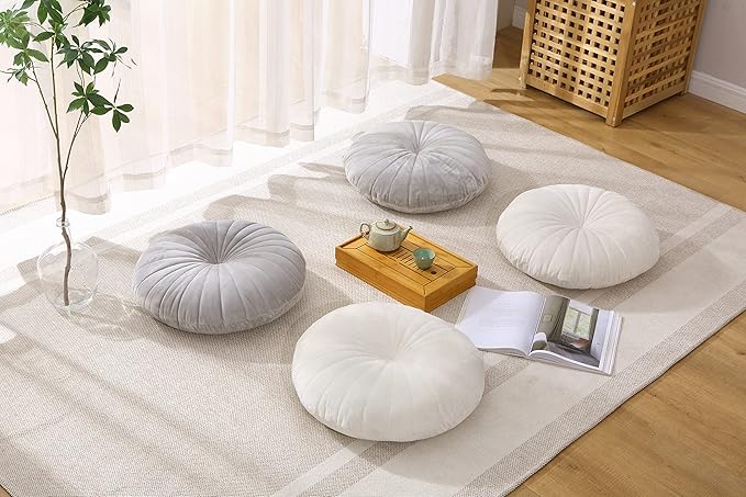 Floor Pillow Meditation Cushion Round Large Floor Pillows Seating for Adults, Velvet Thick Floor Cushions for Yoga Living Room Balcony Outdoor Tatami 18inch（Grey）
