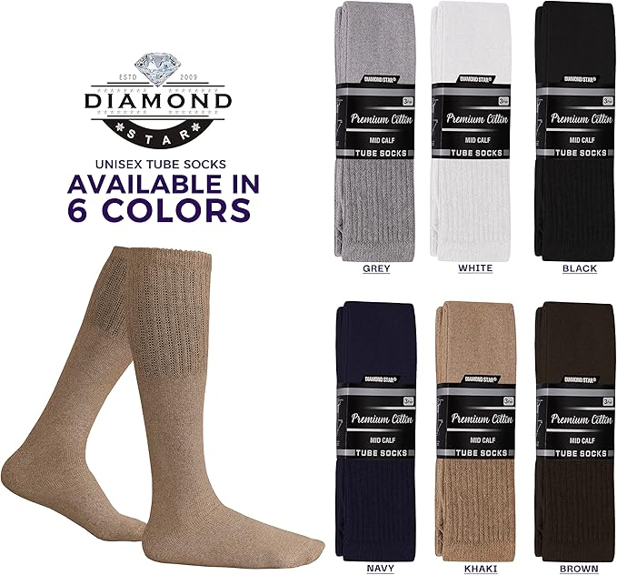 Diamond Star Men's 6 Pack Athletic Tube Socks Running Sports OVER THE CALF Full Cushioned Premium Soft Cotton Big and Tall