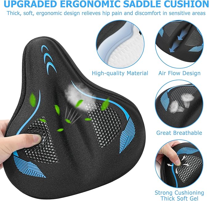 Gel Bike Seat Cushion, Soft Gel Padded Bicycle Seat Cover for Men & Women Comfort, Extra Padding Cycle Seat Cushion for Peloton, Stationary Exercise Bike, Beach Cruiser, Ebike, MTB, Road Bicycle