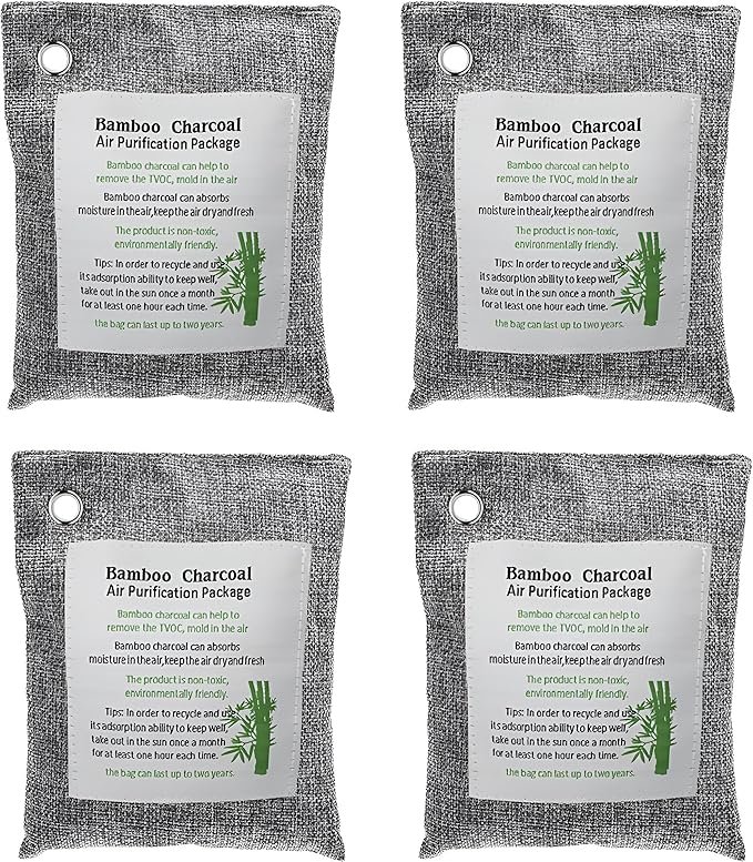 Bamboo Charcoal Air Purifying Bags (4-Pack, 200g Each) – Natural Odor Eliminator & Moisture Absorber for Home, Car, Closets, Bathrooms – Eco-Friendly, Reusable Deodorizer