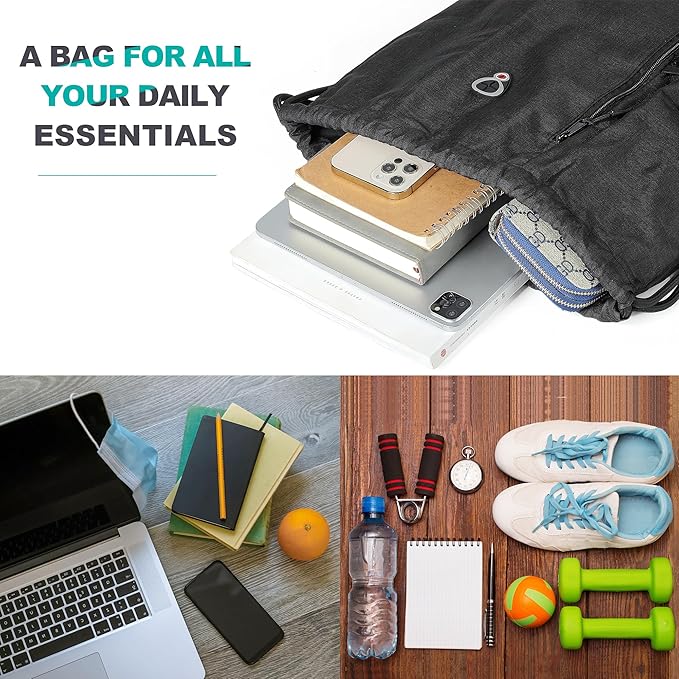 BeeGreen Mix Black Drawstring-Backpack-Gym-Bag, Large Sports Bag For Women W Water Bottle Pocket &Front Zippered Pocket, String Sackpack For Traveling Yoga Beach Outdoor