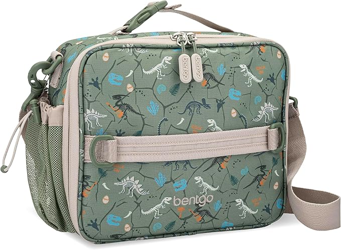 Bentgo Kids Lunch Bag - Durable, Double-Insulated Lunch Bag for Kids 3+; Holds Lunch Box, Water Bottle, & Snacks; Easy-Clean Water-Resistant Fabric & Multiple Zippered Pockets (Dino Fossils)