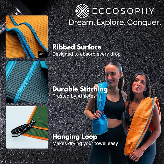 ECCOSOPHY Microfiber Beach Towel – Quick Dry Gym Towel, Highly Absorbent with Ribbed Texture, Lightweight – Ideal for Travel, Pool, Yoga, Fitness & Outdoor Adventures – 71x35 Aqua