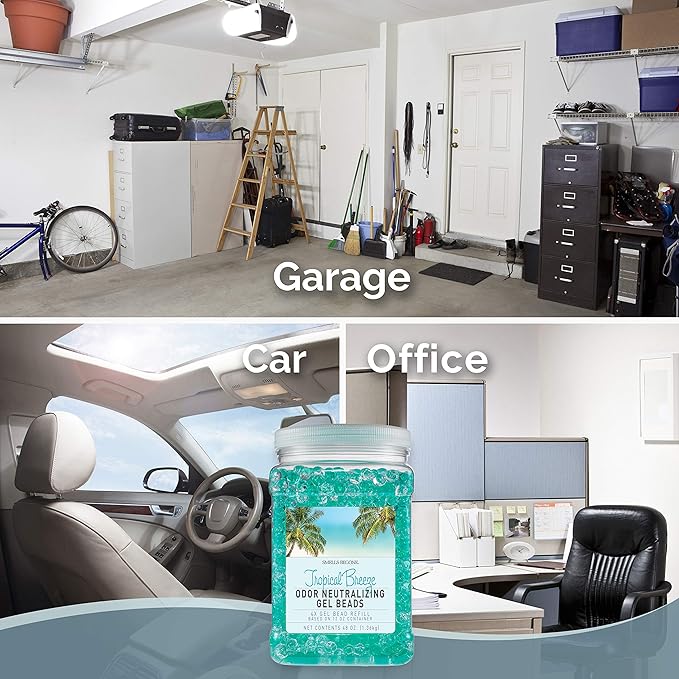 SMELLS BEGONE 48 oz Odor Eliminator Gel Bead Refill - Eliminates Odors in Bathrooms, Cars, Boats, RVs & Pet Areas - Air Freshener - Made with Essential Oils - Tropical Breeze Scent