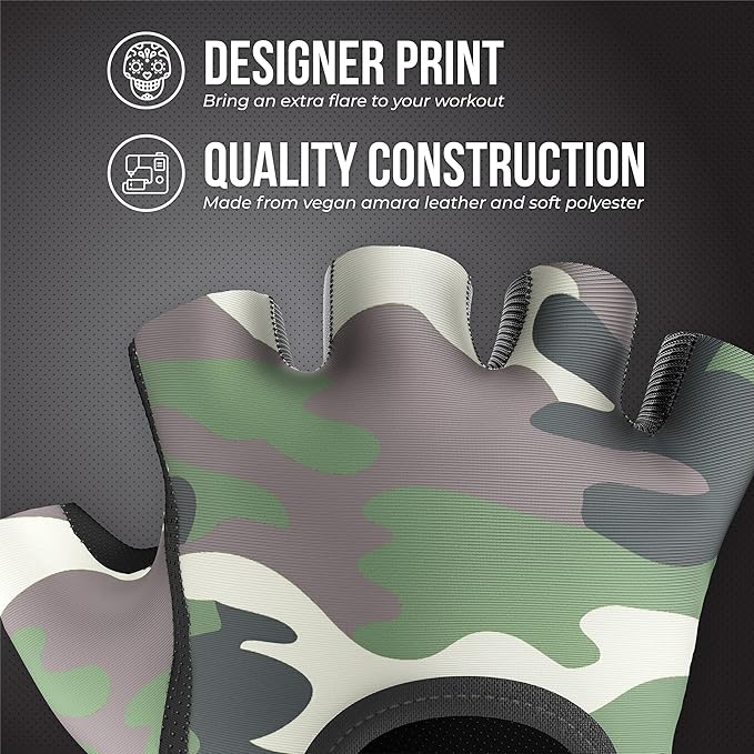 5217 Women's Design Series Camo Print Lifting and Rowing Gloves (Pair) - Lightweight Vegan Medium Padded Microfiber Amara Leather w/Griplock Silicone