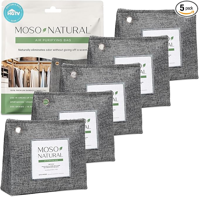 Moso Natural Air Purifying Bag 300g (10.58oz) Premium Bamboo Charcoal Odor Absorber for Home & Pet, Closet Odor Eliminator & Small Room Deodorizer, Charcoal Bags Last 2 Years, Unscented (5 Pack)