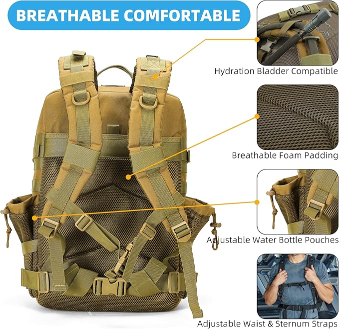 gracedon Tactical Backpack - Military Molle Bag 3 Days Pack for men and Women Large Assault Rucksack 45L (Khaki)