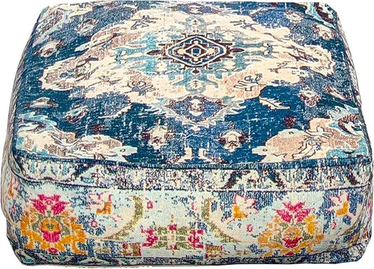Blue Square Floor Pillow Cover Large Yoga Décor Cushion Moroccan Pouf Ottoman Boho Furniture Perfect for Living Room, Bedroom, Nursary or Children Room Seating Area Beanbag Footstool 24x8 Unstuffed