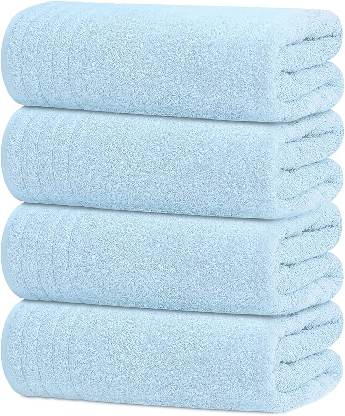 Tens Towels Pack of 4 Extra Large Bath Towels 30 x 60 Inches, 100% Cotton, Larger & Lighter Weight, Quicker to Dry, Super Soft and Absorbent, Perfect for Bathroom, Sky Blue