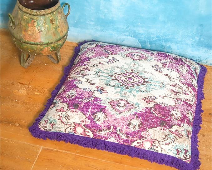 Mandala Life ART Square Meditation Cushion Cover with Fringes - 26 inches - Vintage Printed Purple Cotton Boho Chic Pillow Case
