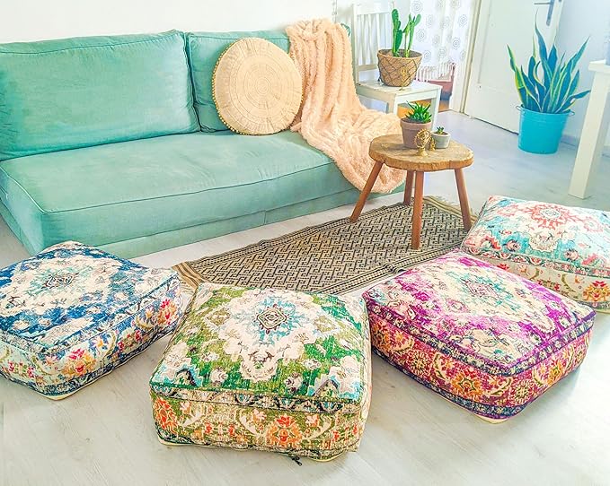 Blue Square Floor Pillow Cover Large Yoga Décor Cushion Moroccan Pouf Ottoman Boho Furniture Perfect for Living Room, Bedroom, Nursary or Children Room Seating Area Beanbag Footstool 24x8 Unstuffed