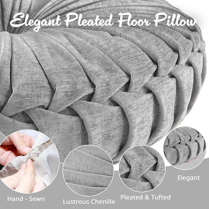 Intelligent Design Loretta Round Chenille Tufted Floor Pillow with Elegant Pleated Design, Large Boho & Vintage Decorative Throw Pillow for Sofa, Bed, or Chair, 22" x 6", Grey