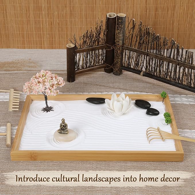 Zen Garden for Desk 11x7.5in, Handmade Sand Art with Tray, Japanese Gift Set, Mini Zen Garden with Bonsai Tree, Home Office Room Decorations, Therapy Kit, Stress Relief Gift