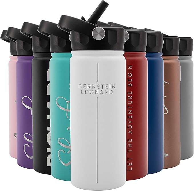 Amazing Items Personalized Water Bottle w/Straw & Lid, 18 oz - White | Custom Stainless Steel Sports Water Bottle w/Name and Text - Double-Wall, Vacuum Insulated - Rotating Handle