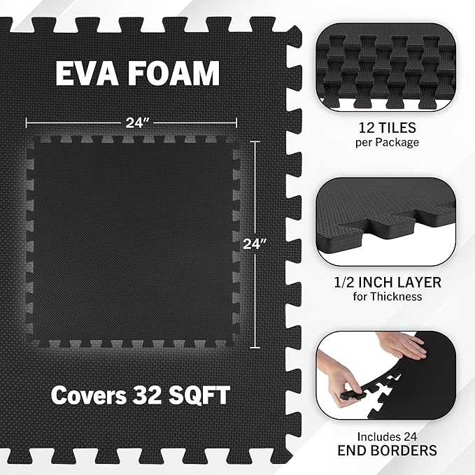 EVA Foam Mat Tiles 12-Pack - 48 SQ FT of Interlocking Padding for Garage, Playroom, or Gym Flooring - Exercise Mat or Baby Playmat by Stalwart (Black)