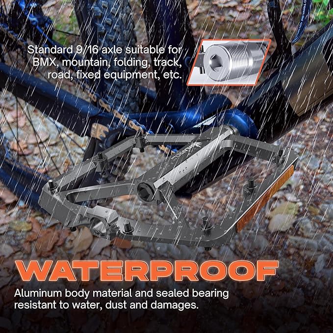 Flat Bike Pedals with Reflectors CNC Aluminium 9/16” – MTB Pedals with Extra Wide Platform and Removable Anti-Slip Pins – Lightweight Pedals for Mountain Bike & Road Bike 294 g