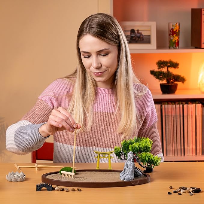 Zen Garden for Desk 13x8in – Japanese Decor with Buddha, Artificial Bonsai Tree, Tools & Accessories – Mini Zen Garden Kit for Office Desk, Home, Meditation Room, Desktop Gift Set