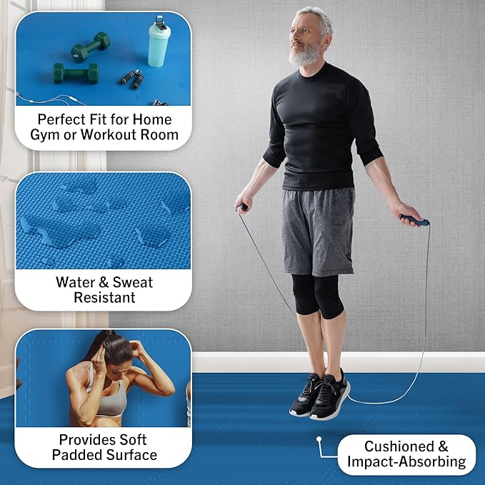 EVA Foam Mat Tiles 16-Pack - 64 SQ FT of Interlocking Padding for Garage, Playroom, or Gym Flooring - Workout Mat or Baby Playmat by Stalwart (Blue)