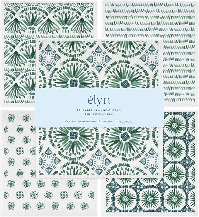 ELYN Swedish Dishcloths, Reusable & Washable Sponge Cloths, Absorbent Cleaning Paper Towels for Kitchen, Dishes, Counters and More, 5 Pack, Assorted Bohemian Patterns
