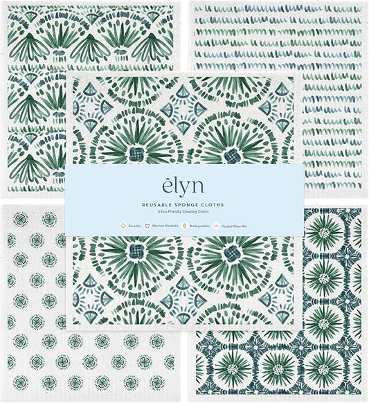 ELYN Swedish Dishcloths, Reusable & Washable Sponge Cloths, Absorbent Cleaning Paper Towels for Kitchen, Dishes, Counters and More, 5 Pack, Assorted Bohemian Patterns