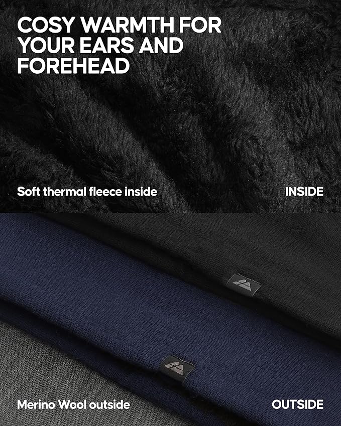 DANISH ENDURANCE Merino Wool Headband, with Thermal Inner Fleece, for Men and Women, Unisex, 1 or 2-pack, Black, M/L