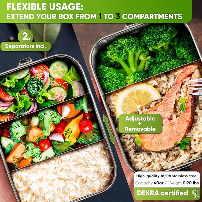Blockhütte Stainless Steel Lunch Box for Adults I 40oz I with free Sealing I Metal Bento Box with 3 Compartments, Leak-Proof Lunch Container, Metal Food Storage for Travel, Work, Eco-Friendly