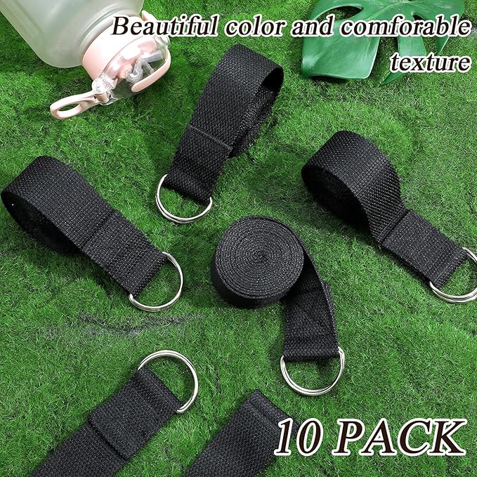 10 PCS Yoga Belt Strap for Stretching, Exercise Belt with Metal D Ring, 6 Feet Yoga Stretching Strap with Loops, Adjustable for Gym, Pilates & Physical Therapy, Black