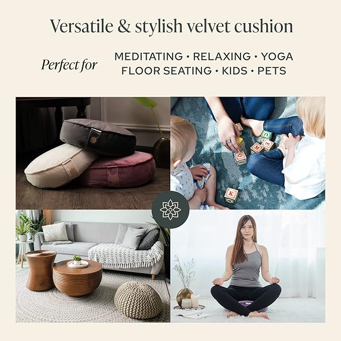 Mindful Modern Velvet Meditation Cushion | Luxe Zafu Yoga Floor Pillow Seat | Posture Support | Buckwheat Hull Filled | Large Round Cushion with Removable Washable Cover + Carry Handle
